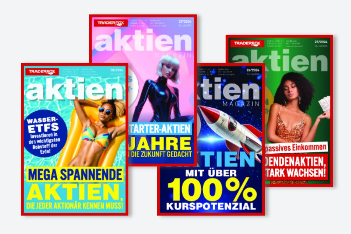 Auf vier Titelseiten des „Aktien Magazins“ sind Modelle und Schlagzeilen zu Aktieninvestitionen zu sehen. Jedes Cover hat ein eigenes Farbschema und ein eigenes Thema im Zusammenhang mit Aktien und Finanzstrategien.