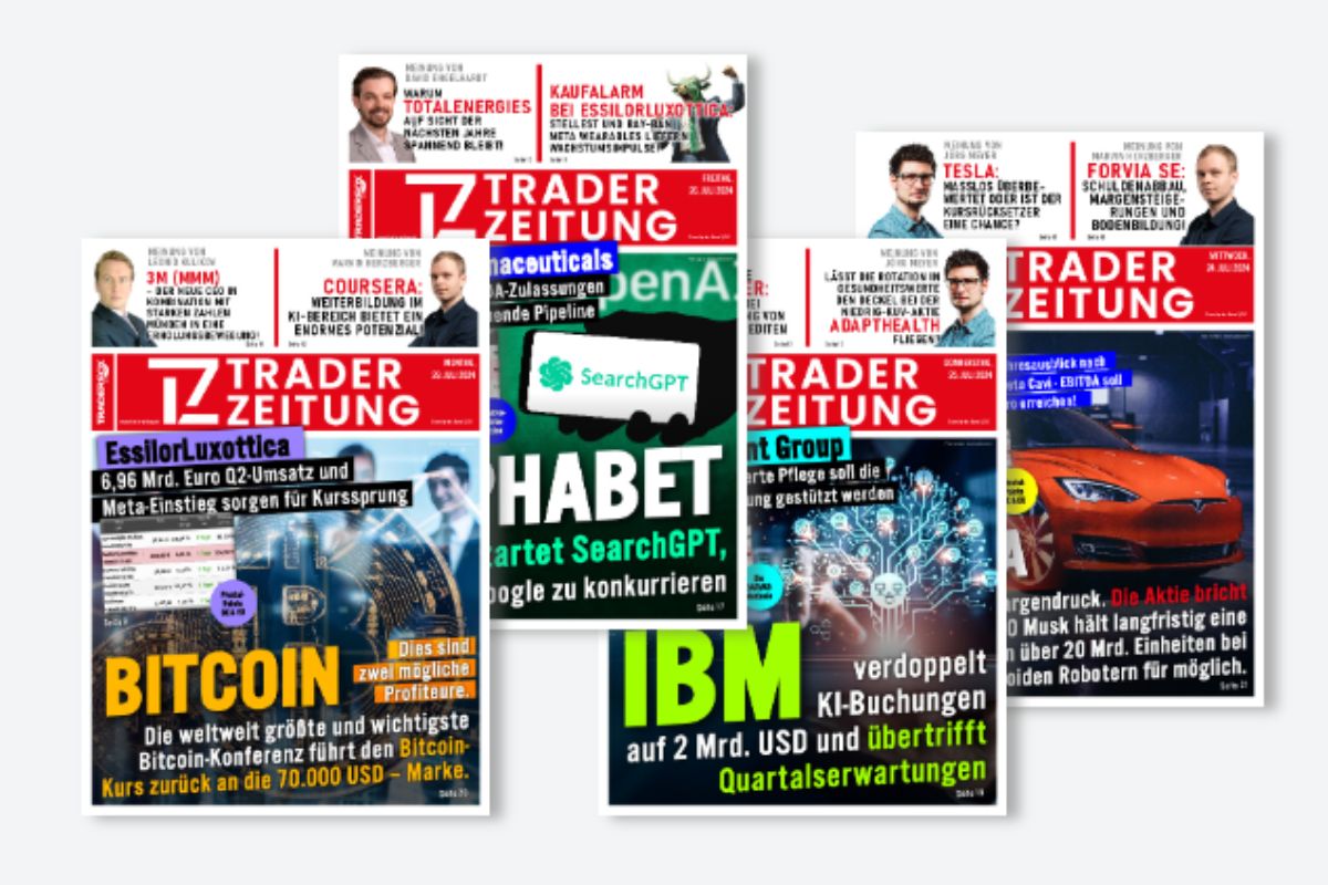 Fünf Ausgaben eines Finanzmagazins mit dem Titel „Trader Zeitung“ mit Themen wie Bitcoin, Alphabets SearchGPT, IBM-Quartalsergebnissen und anderen Finanznachrichten auf Deutsch.