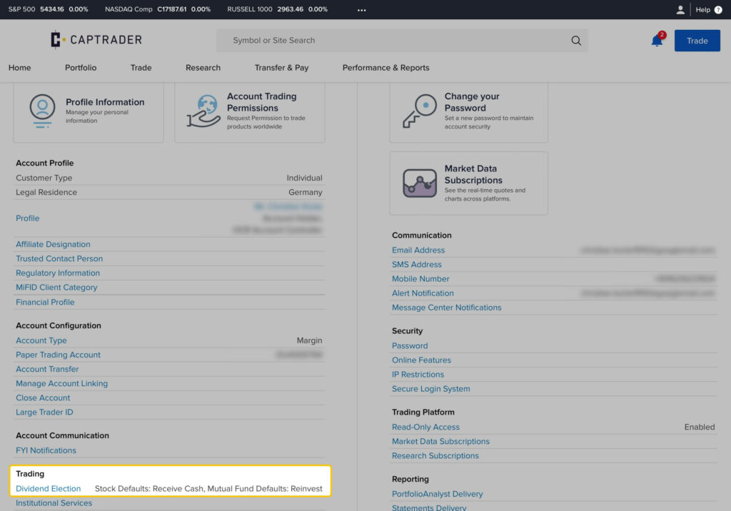 Screenshot of the account settings page of the Capttrader platform, showing various sections including "Communication", "Security" and "Trading", with "Dividend Choice" highlighted in the "Trading" section.