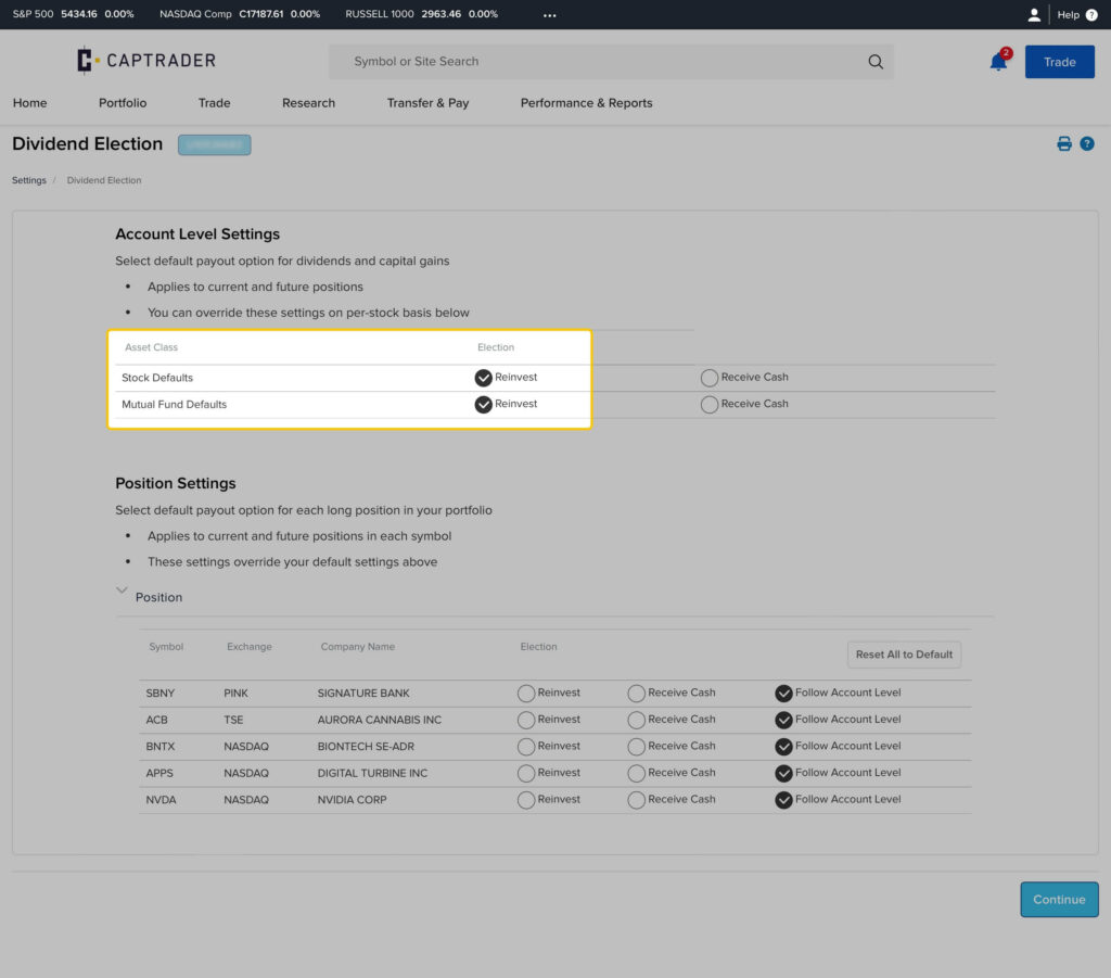 The image shows a web page with dividend choice settings for a Captader account. Below are options to reinvest or receive cash for asset classes and mutual funds as well as individual positions.