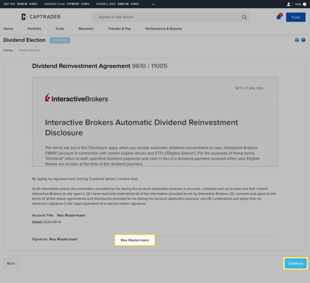 Screenshot of an Interactive Brokers automatic dividend reinvestment disclosure form with fields filled in for approval, the name of the account holder "Max Mustermann" and options to sign and proceed.
