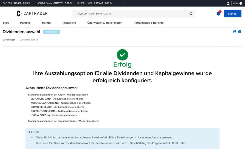 A screenshot of a financial website showing a successful configuration of dividend and capital gains options, with a confirmation message and updated dividend pick options listed below.
