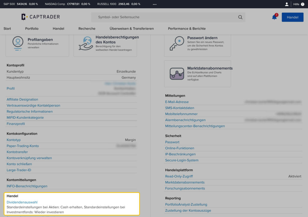 Screenshot der Benutzeroberfläche einer Handelssoftware mit Menüoptionen wie Kontoprofil, Handelsberechtigungen und Marktdatenabonnements. Der Abschnitt „Handelseinwilligung“ ist hervorgehoben.