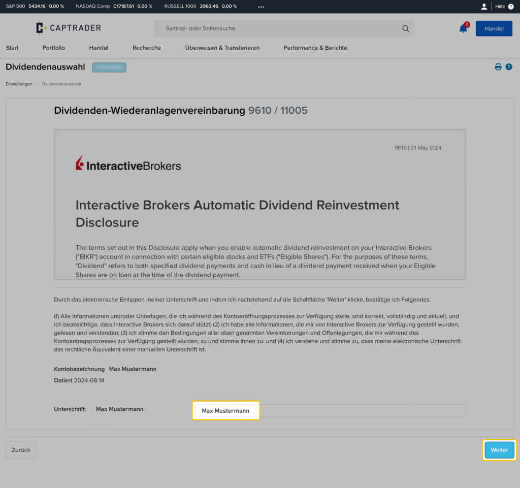 Ein Screenshot eines Offenlegungsdokuments von Interactive Brokers zur automatischen Dividenden-Reinvestition, unterzeichnet von Max Mustermann am 24. Mai 2024. Die Schaltfläche „Weiter“ ist blau hervorgehoben.
