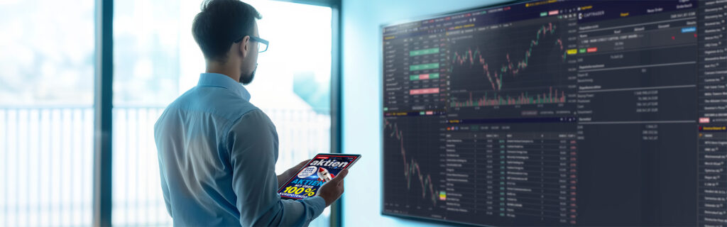 Ein Mann hält ein Tablet mit dem Cover eines Finanzmagazins, während er in einer modernen Büroumgebung auf einem großen Bildschirm Börsendaten analysiert.