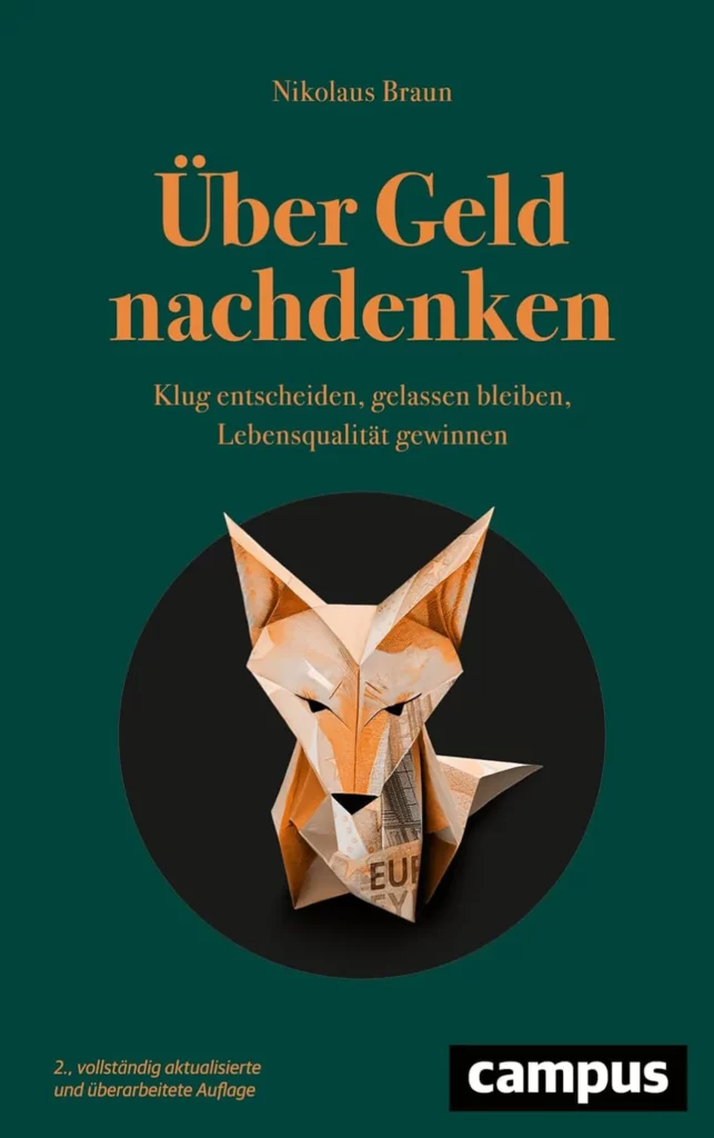 Das Buchcover mit dem Titel „Über Geld nachdenken“ von Nikolaus Braun zeigt einen aus Papier gefalteten Fuchskopf auf grünem Hintergrund mit orangefarbenem Text. Die Unterüberschrift lautet: „Klug entscheiden, gelassen bleiben, Lebensqualität gewinnen.“