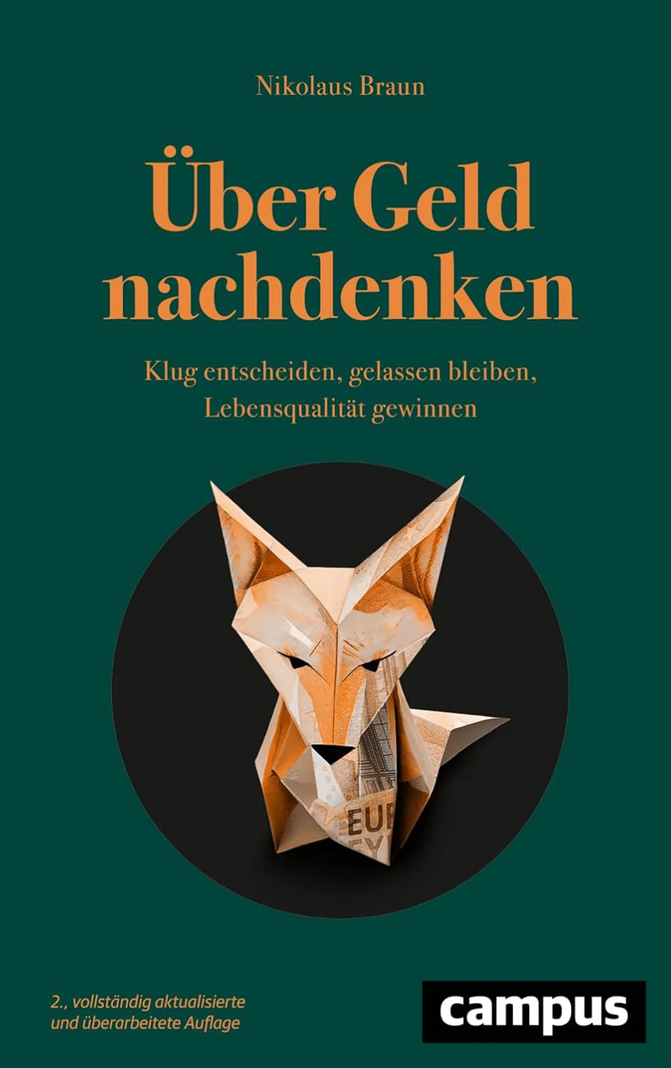 Das Buchcover mit dem Titel „Über Geld nachdenken“ von Nikolaus Braun zeigt einen aus Papier gefalteten Fuchskopf auf grünem Hintergrund mit orangefarbenem Text. Die Unterüberschrift lautet: „Klug entscheiden, gelassen bleiben, Lebensqualität gewinnen.“