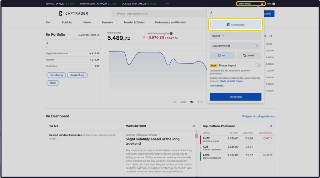 Eine Finanz-Dashboard-Schnittstelle zeigt die Portfolio-Performance mit Diagrammen und numerischen Daten an. Auf der rechten Seite ist ein Einstellungsmenü geöffnet, in dem Sprachoptionen und andere Benutzereinstellungen angezeigt werden.