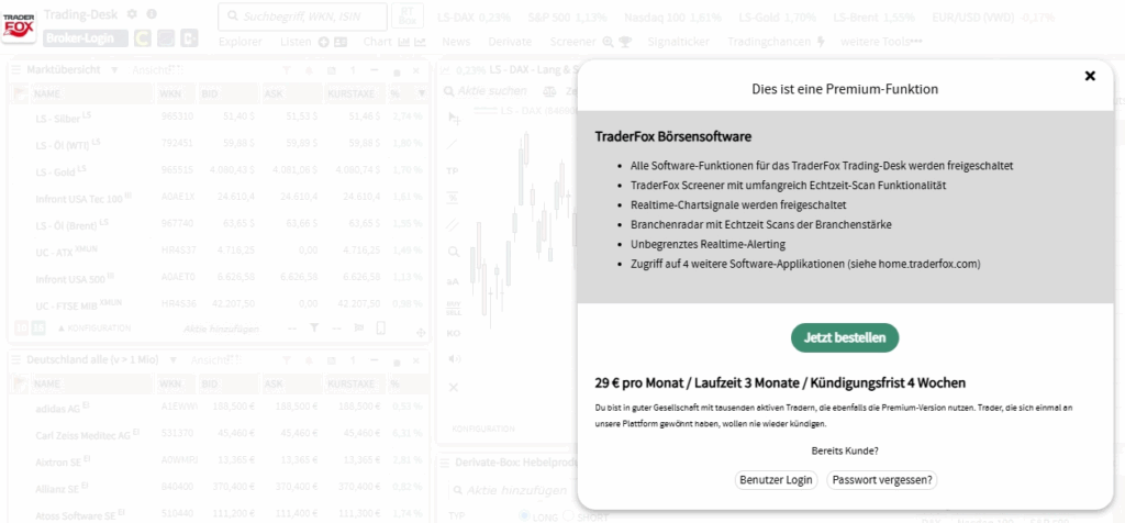 A pop-up window displays the Traderfox subscription details and prices in German, while a blurred interface of the Traderfox share trading software can be seen in the background.
