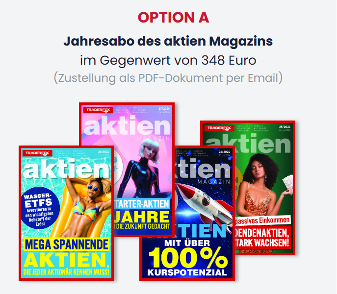 Option A: TraderFox annual subscription to Aktien Magazin with four magazine covers on different financial topics and figures. This offer worth 348 euros includes convenient PDF delivery by e-mail.