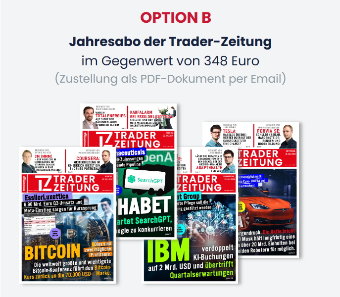 Image with the cover of five issues of "Trader-Zeitung", covering topics such as Bitcoin, IBM and pharmaceuticals. The text above offers an annual subscription for 348 euros, delivered via email as PDFs. Improve your trading insights with TraderFox by your side.