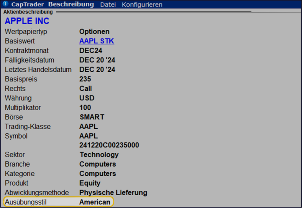 Screenshot of the CapTrader window showing option details for Apple Inc. including expiration, strike price, contract size and exercise type labeled "American Option".