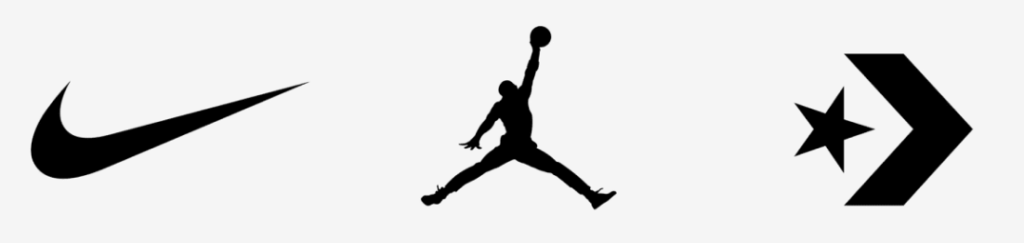 Logos of three brands: Nike swoosh, Jumpman silhouette and Converse star with chevron.