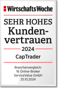 Auszeichnungsplakette der WirtschaftsWoche an CapTrader für „Sehr Hohes Kundenvertrauen 2024“ und ergänzt damit die Liste der Auszeichnungen um eine weitere Auszeichnung. Diese Anerkennung, basierend auf einem Vergleich von 16 Online-Brokern der ServiceValue GmbH, datiert vom 25.10.2024.