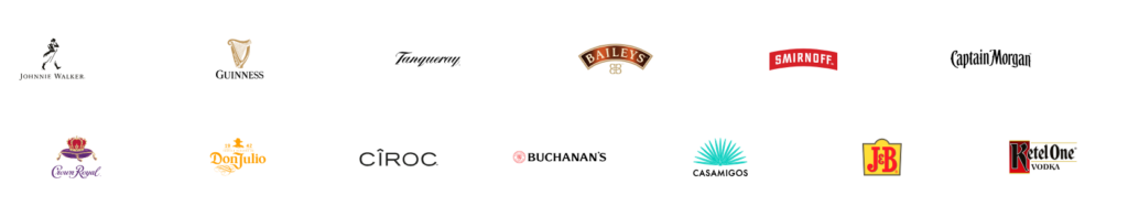 Logos of various alcohol brands, including Johnnie Walker, Guinness, Tanqueray, Baileys, Smirnoff, Captain Morgan, Crown Royal, Don Julio, Cîroc, Buchanan's, Casamigos, B&B and Ketel One.