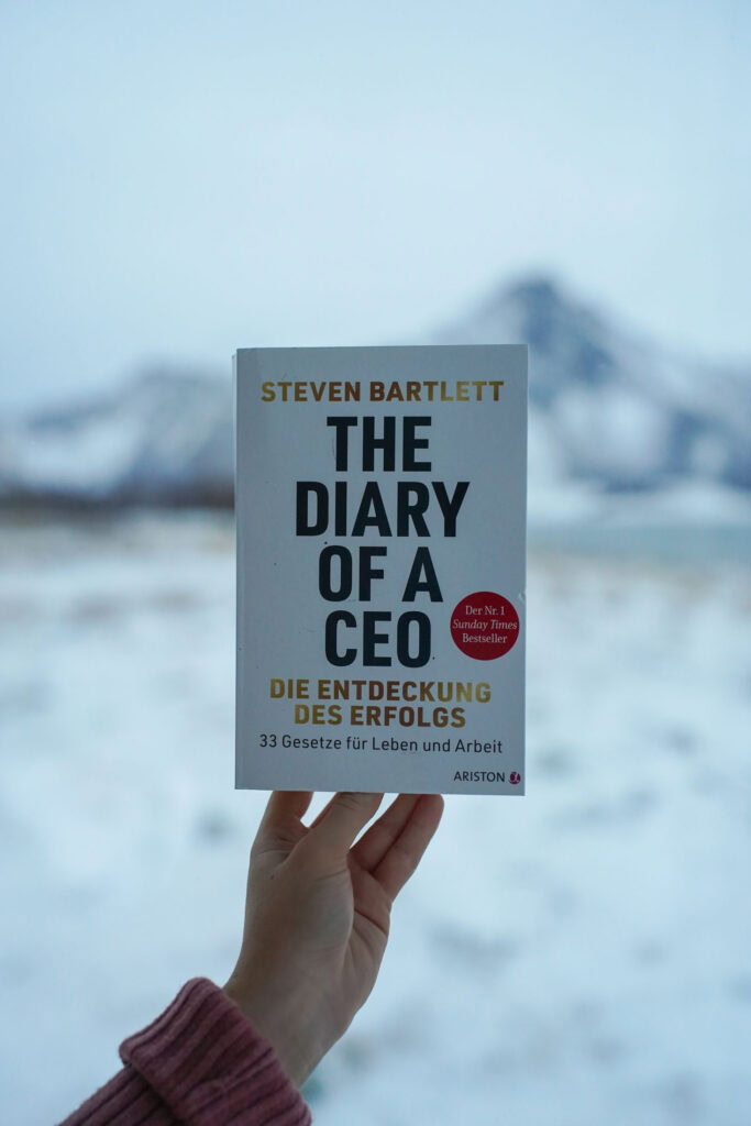 Eine Hand hält das Buch „Das Tagebuch eines CEO“ vor einer verschneiten Landschaft mit Bergen im Hintergrund.