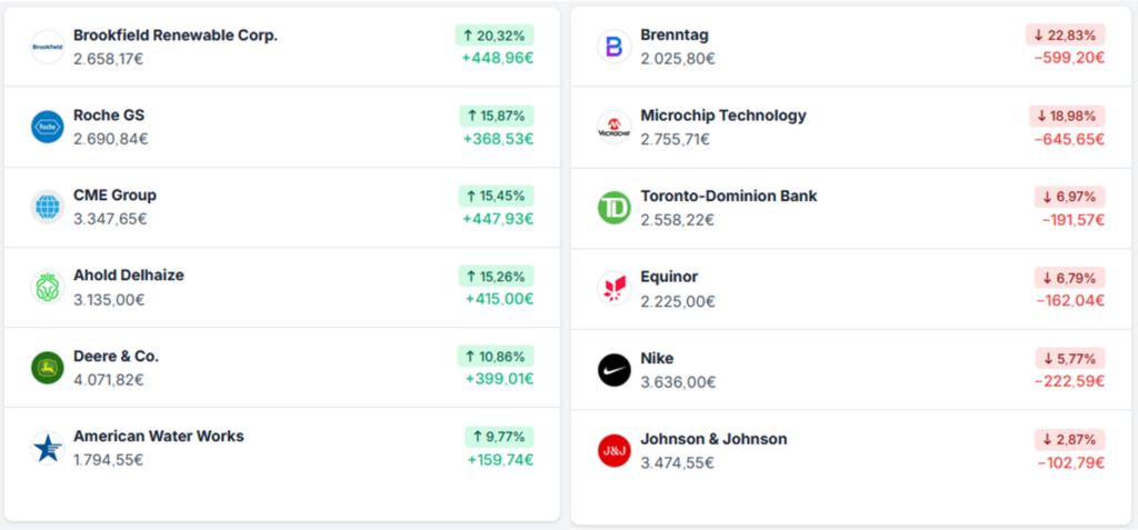 A table shows percentages and values for shares. Left column: rising shares. Right column: falling shares. The companies include Brookfield Renewable, Roche GS and Nike.