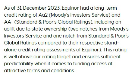 Text zu den Kreditratings von Equinor mit Stand Dezember 2023, mit Hinweis auf Heraufstufungen aufgrund staatlicher Eigentümerschaft, die sich auf die Kreditbedingungen auswirken.