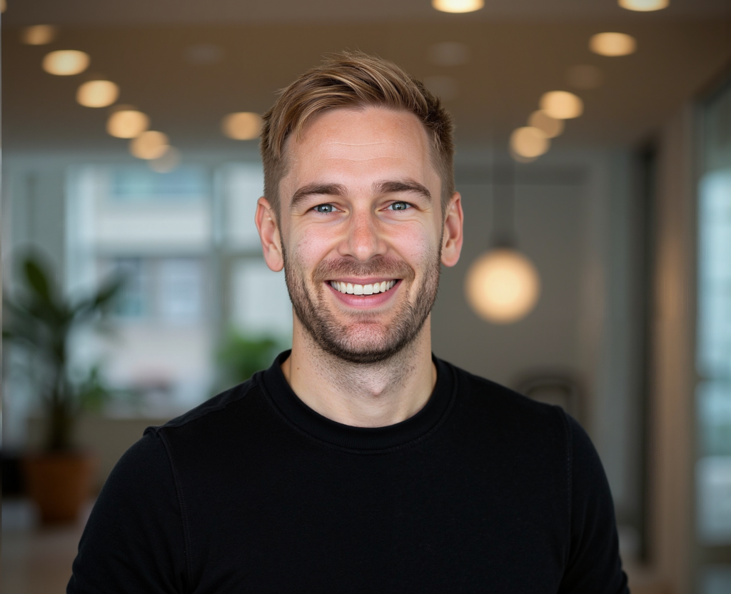 Dr Matthias Blankenberg-Teich mit kurzen blonden Haaren und einem Bart, der ein schwarzes Hemd trägt, lächelt in einer modernen Inneneinrichtung mit unscharfen Lichtern und Pflanzen im Hintergrund in die Kamera.