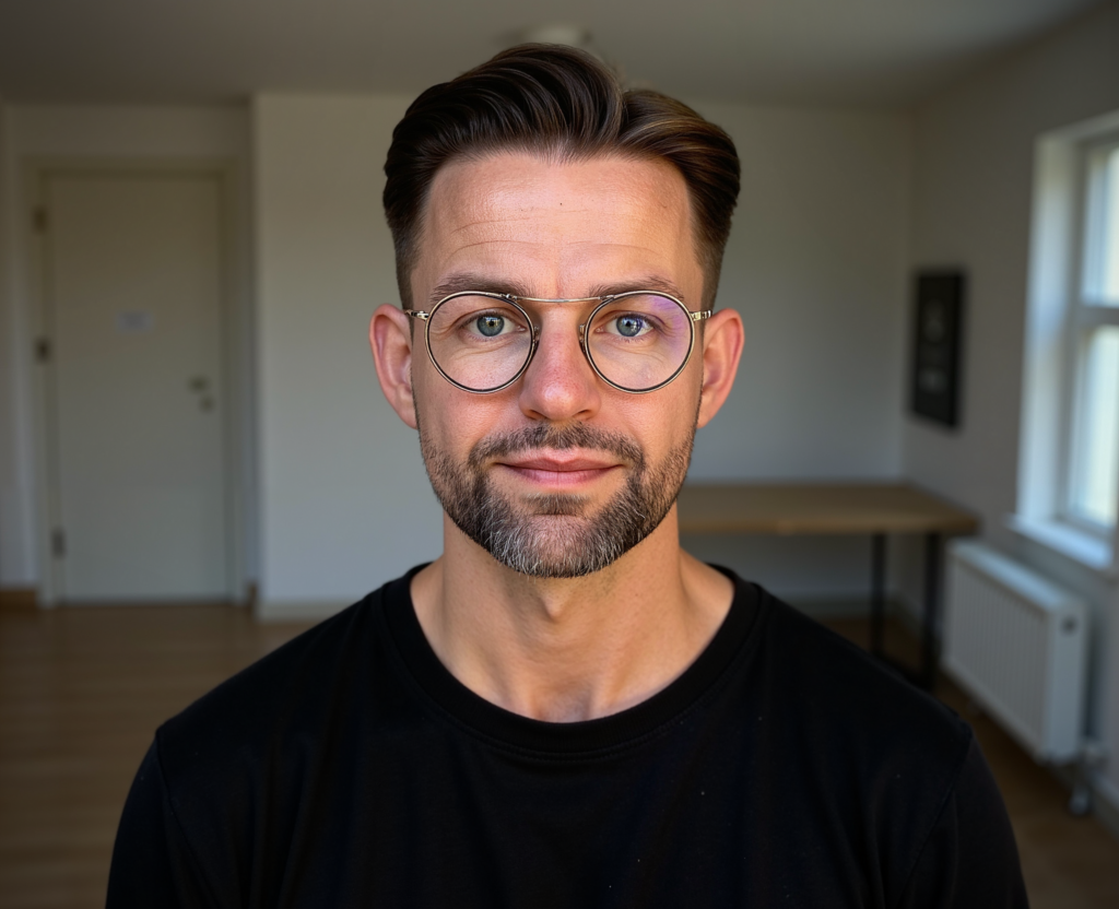Referent Joachim Klindworth steht im Haus und trägt ein schwarzes Hemd. Im Hintergrund sind ein Tisch und ein Fenster zu sehen.