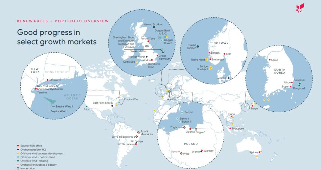 Weltkarte mit ausgewählten Wachstumsmärkten für erneuerbare Energien in den USA, Europa und Südkorea, mit Symbolen für verschiedene Energieprojekte wie Windenergie an Land, Solarenergie und Windenergie auf See.