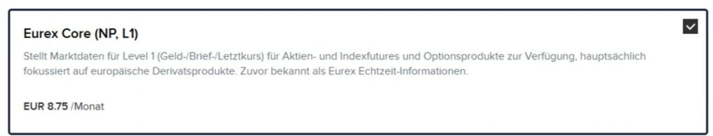 Screenshot of a Eurex Core subscription offer with detailed market data services for equities, index futures and options at a price of EUR 87.50 per month.