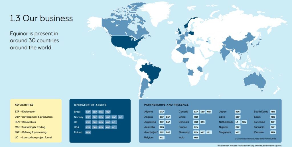 Weltkarte, die die Präsenz von Equinor in rund 30 Ländern mit den wichtigsten Aktivitäten und aufgeführten Anlagenbetreibern zeigt, darunter die USA, Brasilien und Norwegen.