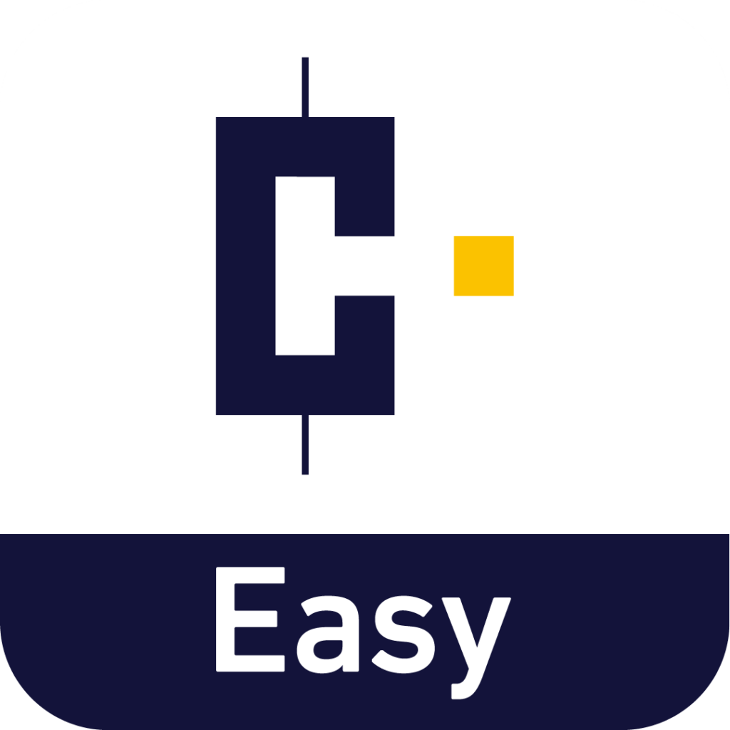 Das Logo besteht aus einem vertikalen marineblauen „C“ mit einem gelben Quadrat rechts davon. Darunter steht das Wort „Easy“ in Weiß auf marineblauem Hintergrund.