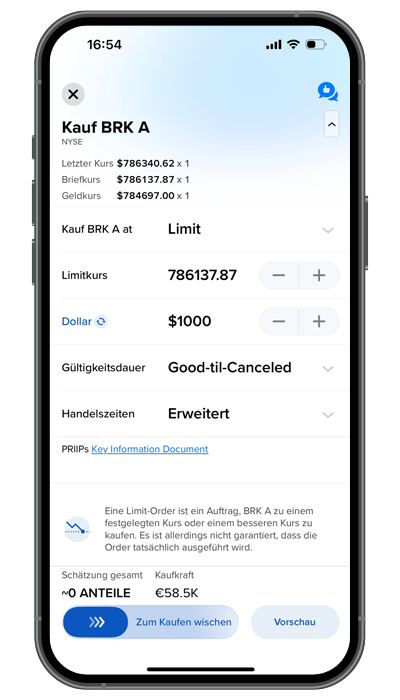 Auf dem Bildschirm eines Smartphones wird die Benutzeroberfläche einer Aktienhandels-App zum Kauf von BRK A-Aktien angezeigt. Dort werden Details zu Limit-Orders, Preis, Handelsdauer und geschätzter Kaufpreis von 5.500 US-Dollar angezeigt.