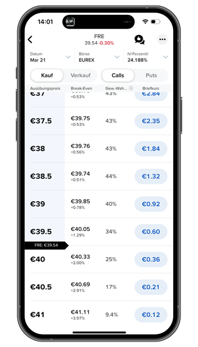 Auf dem Smartphone wird der Bildschirm einer Finanzhandels-App angezeigt, auf dem Aktienkurse und Optionen für Calls und Puts mit verschiedenen Prozentsätzen und Ablaufdetails angezeigt werden.