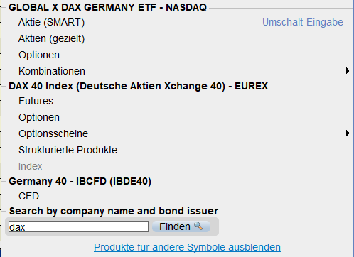 Screenshot of a search results list for "dax" containing financial indices and products, including mini-dax futures, ETFs, options and other futures. A search input field with "dax" remains visible at the bottom.