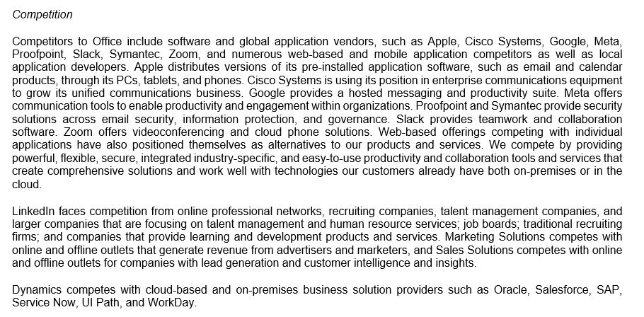 Text detailing Office's competitors, mentioning companies such as Apple, Cisco Systems and Google and their communication tools, web conferencing, collaboration software and business solutions.