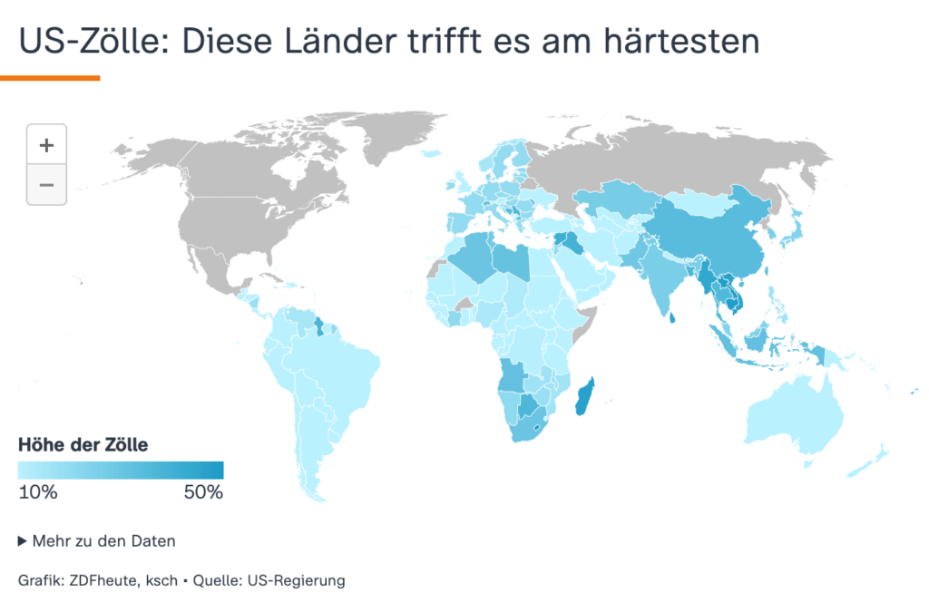 A world map illustrating the impact of US tariffs with color gradients shows darker shades in Asia and Europe, pointing to economic tensions reminiscent of the expected stock market crash in 2025.