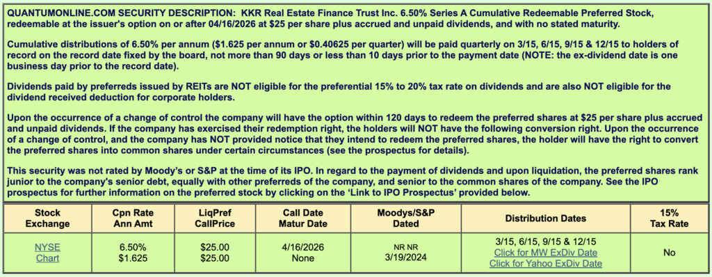 Eine Tabelle mit Wertpapierdetails für KKR Real Estate Finance Trust Inc. 6,50 % Serie A Cumulative Redeemable Preferred Stock, einschließlich Kursen, Daten, Ratings und Dividendeninformationen für diesen REIT in einem Q4-Sektor-Überblick-Format.