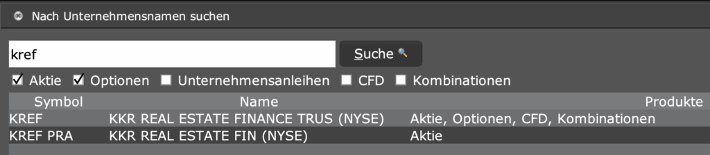 Eine Finanzsuchoberfläche zeigt Ergebnisse für „kref“ an und listet zwei Einträge von KKR REAL ESTATE FINANCE REIT (KREF und KREF PRA) mit Produkttypen auf, was einen schnellen Sektorüberblick für das vierte Quartal bietet.