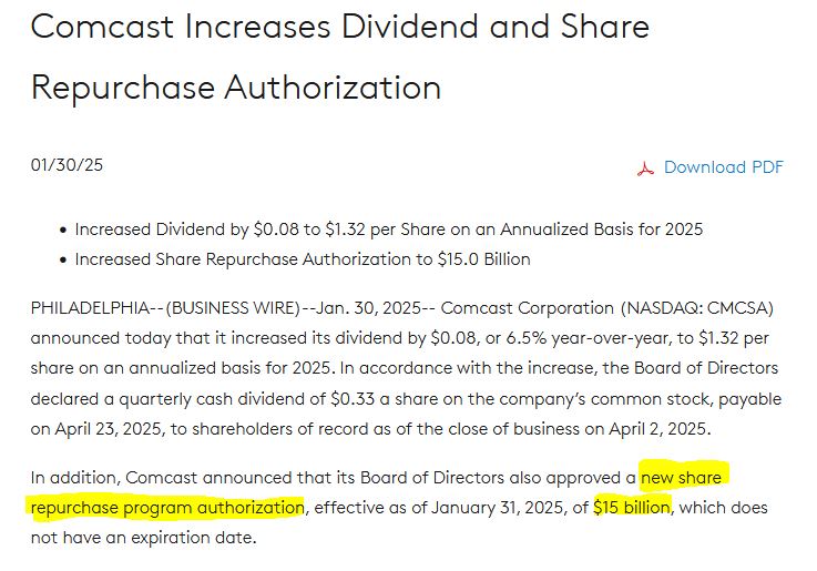 A screenshot of a Comcast press release announcing a dividend increase and the approval of a new $15 billion share buyback program, with key details highlighted in yellow.