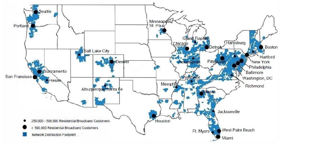 A map of the United States shows major cities with many private broadband customers and blue areas indicating network distribution.