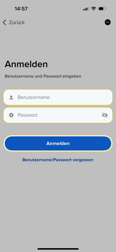 Ein deutscher Anmeldebildschirm auf einem mobilen Gerät mit Feldern für Benutzernamen und Passwort, einer blauen Schaltfläche "Anmelden" und einem Link zum Zurücksetzen von Benutzernamen oder Passwort.