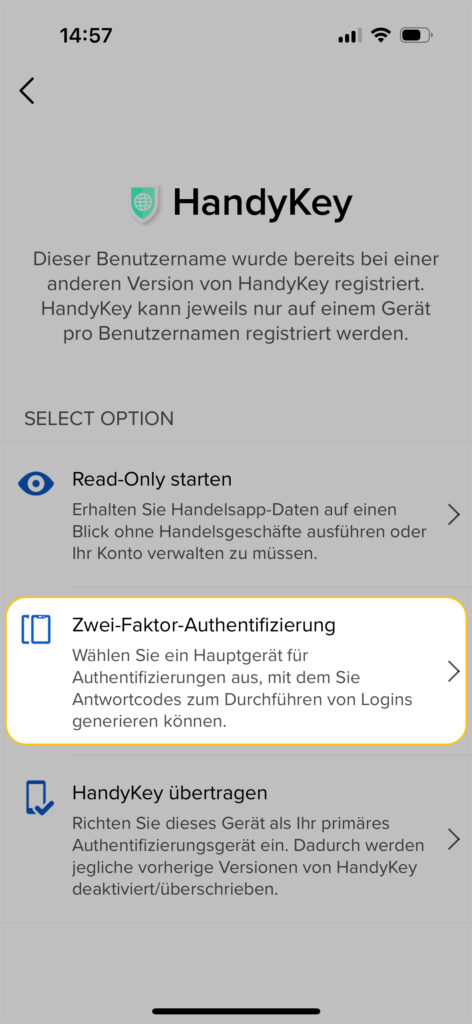 Screenshot der HandyKey-App auf Deutsch mit Optionen zum Starten im Nur-Lesen-Modus, zur Aktivierung der Zwei-Faktor-Authentifizierung oder zur Übertragung von HandyKey auf ein anderes Gerät.