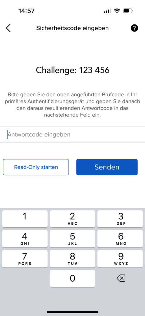 Ein deutscher Sicherheitscode-Eingabebildschirm auf einem mobilen Gerät zeigt "Challenge: 123 456" mit einer numerischen Tastatur und Optionen zum Starten des schreibgeschützten Modus oder zum Senden des eingegebenen Codes.