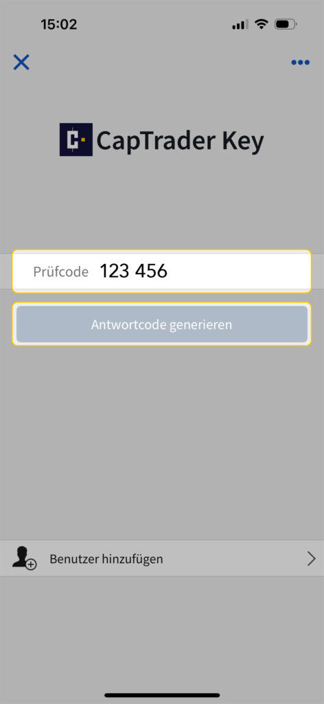 Screenshot der CapTrader Key App, der ein Feld mit dem Code "123 456" und eine Schaltfläche mit der Aufschrift "Antwortcode generieren" auf einem mobilen Gerät zeigt.
