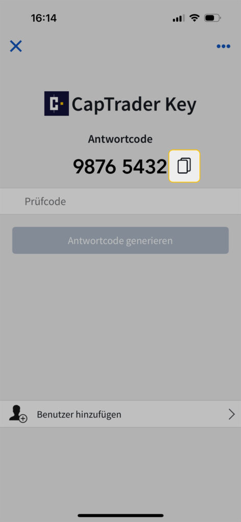 Screenshot der CapTrader Key App, der einen generierten Code "9876 5432" mit Optionen zum Kopieren des Codes oder zum Hinzufügen eines Benutzers zeigt.