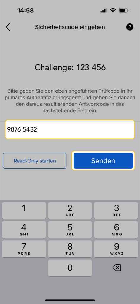 Auf dem Bildschirm des Smartphones wird eine Seite zur Eingabe des Sicherheitscodes in deutscher Sprache angezeigt, mit einem Code "123 456", einem Eingabefeld mit "9876 5432" und einem Ziffernblock darunter.