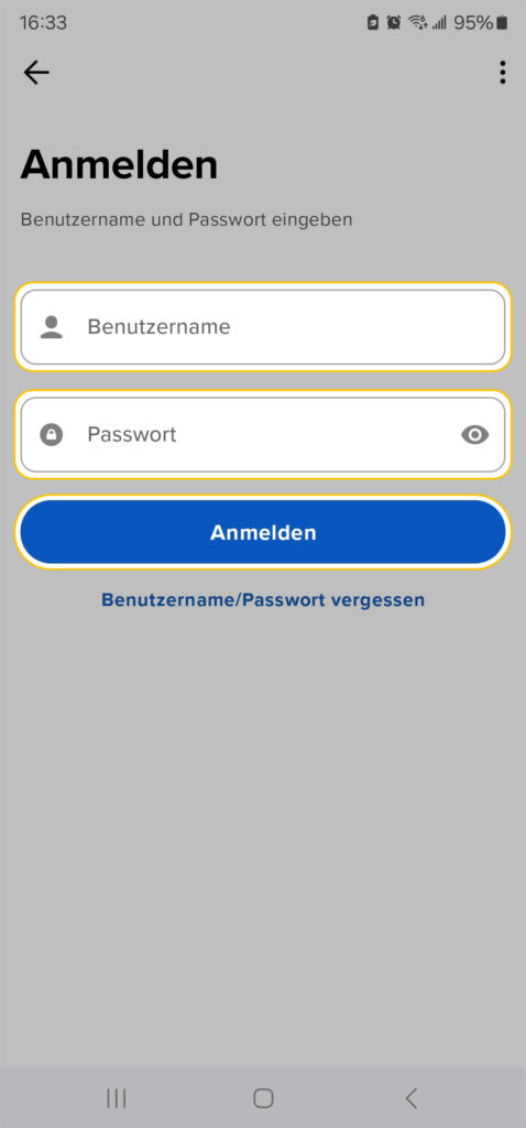 Ein Anmeldebildschirm in deutscher Sprache mit Feldern für Benutzernamen und Passwort, einer Schaltfläche mit der Aufschrift "Anmelden" und einem Link für vergessene Benutzernamen oder Passwörter.