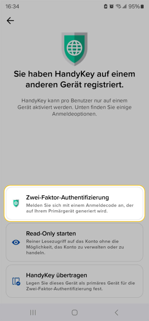 Screenshot eines HandyKey-Registrierungsbildschirms in deutscher Sprache mit hervorgehobener Zwei-Faktor-Authentifizierung und Optionen zur Reaktivierung oder Verwendung von HandyKey auf einem anderen Gerät.