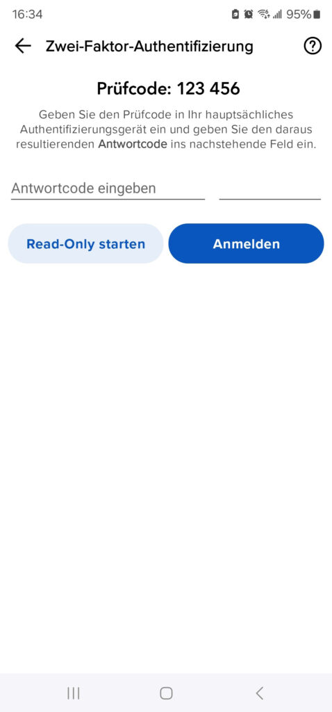 Screenshot eines Bildschirms für die Zwei-Faktor-Authentifizierung in deutscher Sprache, der einen Verifizierungscode 123 456 und Optionen für den Start im schreibgeschützten Modus oder die Anmeldung anzeigt.