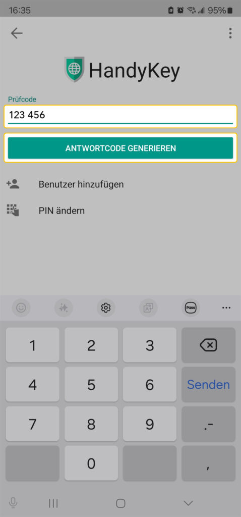 Ein Smartphone-Bildschirm zeigt die HandyKey-App mit einem Code-Eingabefeld mit "123 456" und einer Schaltfläche mit der Aufschrift "ANTWORTCODE GENERIEREN" über einer Tastatur.