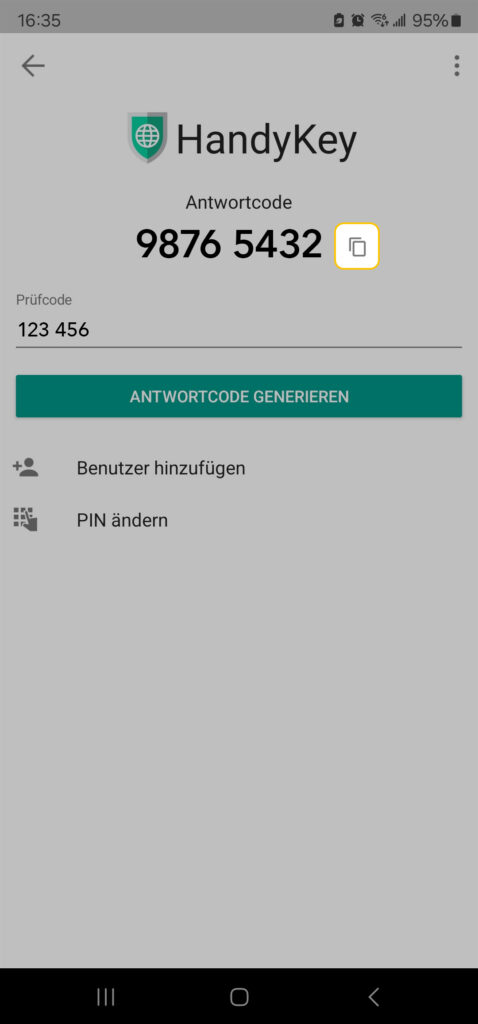 Screenshot der HandyKey-App mit Anzeige eines Antwortcodes "9876 5432", eines Testcodes "123 456" und Optionen zum Hinzufügen eines Benutzers oder Ändern der PIN auf einem mobilen Gerät.