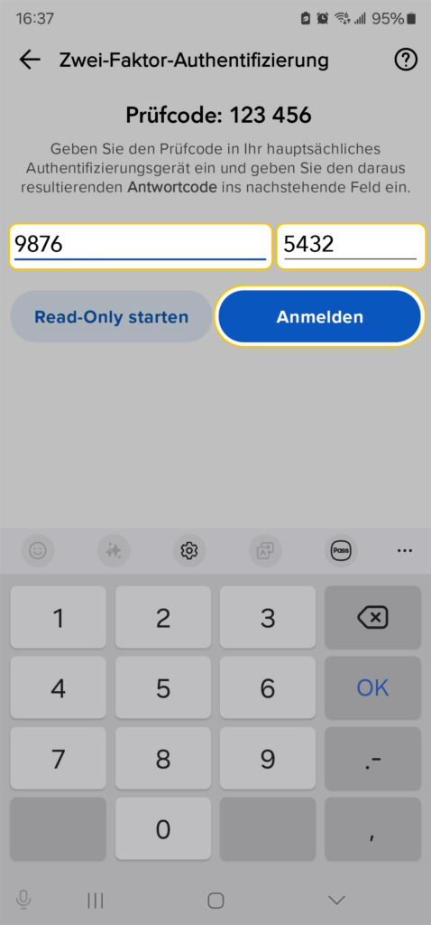 Auf dem Bildschirm für die Zwei-Faktor-Authentifizierung wird ein Verifizierungscode abgefragt; in zwei Feldern werden Zahlen eingegeben, und die Schaltflächen für "Schreibgeschützt starten" und "Anmelden" werden unten angezeigt.