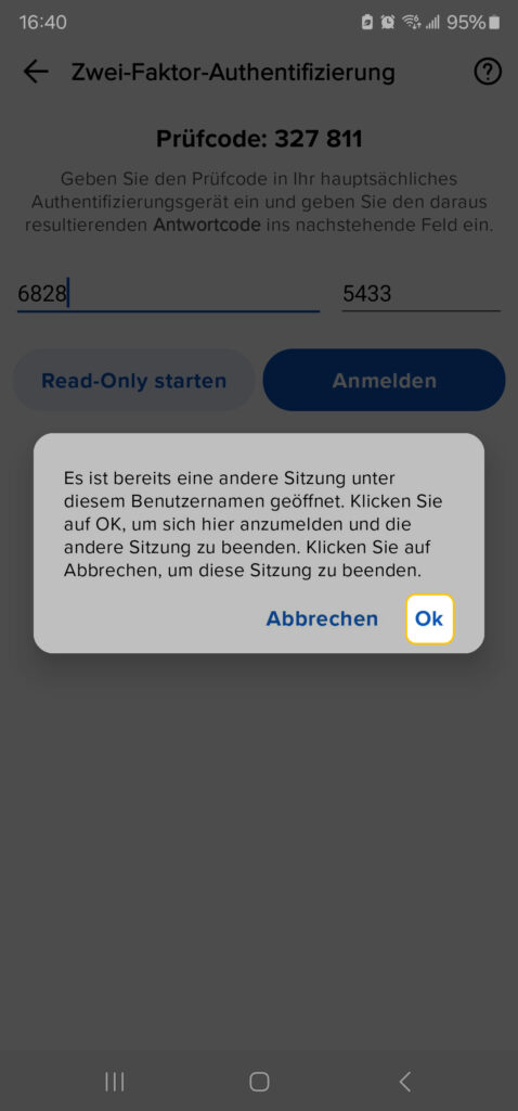 Auf dem Bildschirm eines Smartphones wird ein Zwei-Faktor-Authentifizierungsverfahren in deutscher Sprache angezeigt, mit einer Pop-up-Meldung und den Schaltflächen "Abbrechen" und "Ok". Die angezeigte Zeit ist 16:40 Uhr.